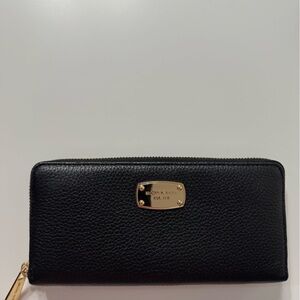 Michael Kors Black Pebbled Leather Zip Wallet with Gold Plate
